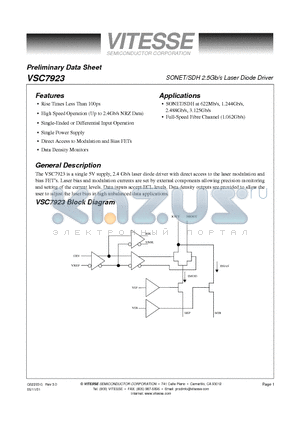 VSC7923KF datasheet - SONET/SDH 2.5Gb/s Laser Diode Driver