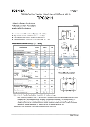 TPC8211 datasheet - Lithium Ion Battery Applications Portable Equipment Applications Notebook PC Applications