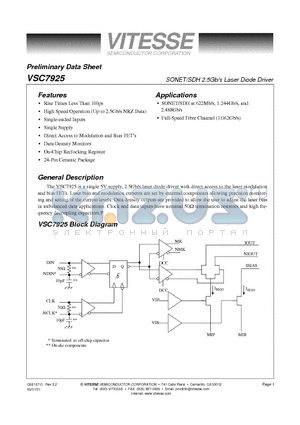 VSC7925KFL datasheet - SONET/SDH 2.5Gb/s Laser Diode Driver