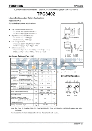 TPC8402 datasheet - TOSHIBA Field Effect Transistor Silicon N, P Channel MOS Type (MOSVI/U-MOSII)