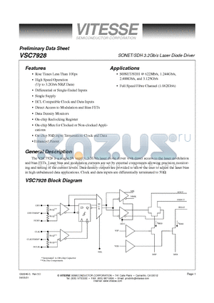 VSC7928RA datasheet - SONET/SDH 3.2Gb/s Laser Diode Driver