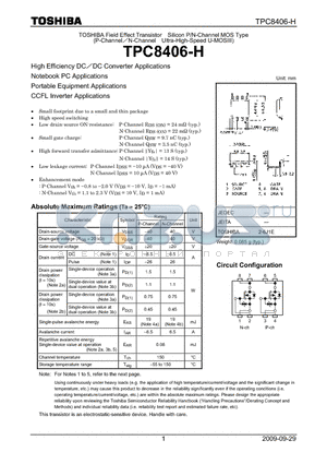 TPC8406-H datasheet - Field Effect Transistor Silicon P/N-Channel MOS Type (P-ChannelN-Channel Ultra-High-Speed U-MOSIII)