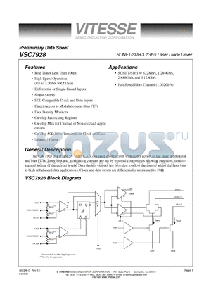 VSC7928 datasheet - SONET/SDH 3.2Gb/s Laser Diode Driver