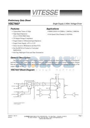 VSC7937 datasheet - Single Supply 2.5Gb/s Voltage Driver