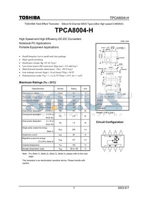 TPCA8004-H datasheet - TOSHIBA Field Effect Transistor Silicon N Channel MOS Type (Ultra High speed U-MOSIII)