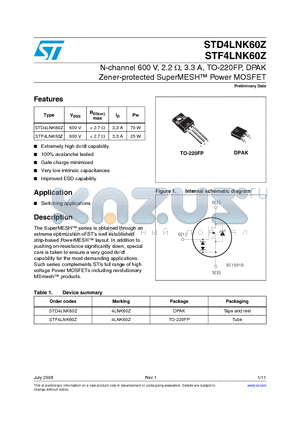 STD4LNK60Z datasheet - N-channel 600 V, 2.2 Y, 3.3 A, TO-220FP, DPAK Zener-protected SuperMESH Power MOSFET