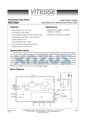 VSC7939W datasheet - Laser Diode Driver with Automatic Power Control