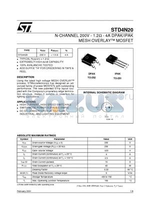 STD4N20 datasheet - N-CHANNEL 200V - 1.2ohm - 4A DPAK/IPAK MESH OVERLAY MOSFET