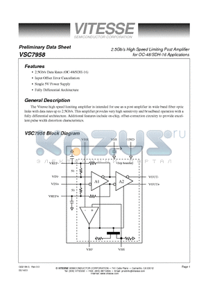 VSC7958CC datasheet - 2.5Gb/s High Speed Limiting Post Amplifier for OC-48/SDH-16 Applications