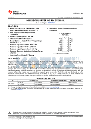 SN75ALS181NE4 datasheet - DIFFERENTIAL DRIVER AND RECEIVER PAIR