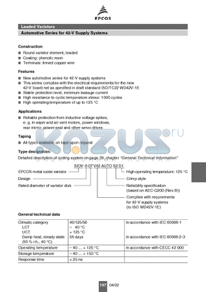 S20V42AUTOS5D1 datasheet - Automotive Series for 42-V Supply Systems Leaded Varistors