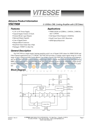 VSC7959W datasheet - 3.125Gb/s CML Limiting Amplifier with LOS Detect