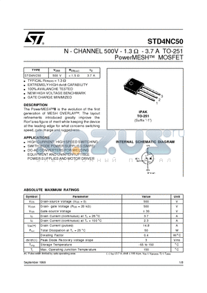 STD4NC50 datasheet - N - CHANNEL 500V - 1.3 ohm - 3.7 A TO-251 PowerMESH MOSFET