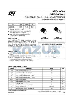 STD4NC50-1 datasheet - N-CHANNEL 500V - 1.3W - 3.7A DPAK/IPAK PowerMeshII MOSFET