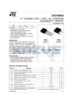 STD4NB25 datasheet - N - CHANNEL 250V - 0.95ohm - 4A - DPAK/IPAK PowerMESHO MOSFET