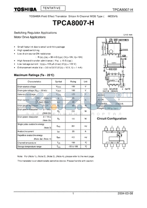 TPCA8007-H datasheet - Switching Regulator Applications, Motor Drive Applications