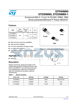 STD3NM60 datasheet - N-channel 600 V, 1.3 Y, 3 A TO-220, DPAK, IPAK Zener-protected MDmesh Power MOSFET