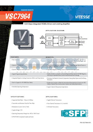 VSC7964 datasheet - 1/2/4 Gbps Integrated VCSEL Driver and Limiting Amplifier