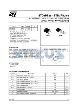 STD3PS25-1 datasheet - P-CHANNEL 250V - 2.1 OHM - 3A DPAK/IPAK MESH OVERLAY MOSFET