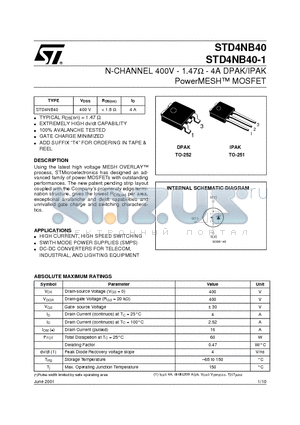 STD4NB40 datasheet - N-CHANNEL 400V - 1.47ohm - 4A DPAK/IPAK PowerMESH MOSFET