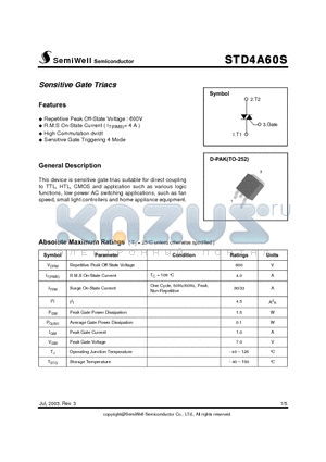 STD4A60S datasheet - Sensitive Gate Triacs