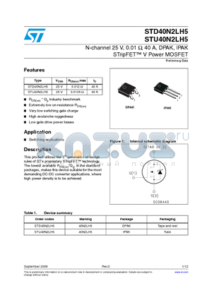 STD40N2LH5 datasheet - N-channel 25 V, 0.01 Y, 40 A, DPAK, IPAK STripFET V Power MOSFET