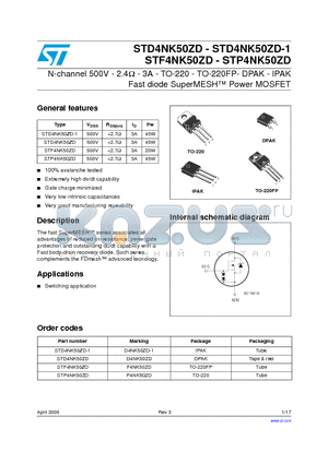 STD4NK50ZD datasheet - N-channel 500V - 2.4Y - 3A - TO-220 - TO-220FP- DPAK - IPAK Fast diode SuperMESH Power MOSFET