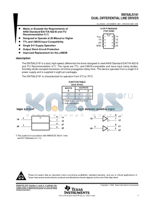 SN75ALS191 datasheet - DUAL DIFFERENTIAL LINE DRIVER
