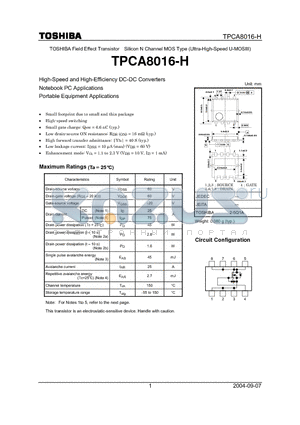 TPCA8016-H datasheet - High-Speed and High-Efficiency DC-DC Converters Notebook PC Applications Portable Equipment Applications