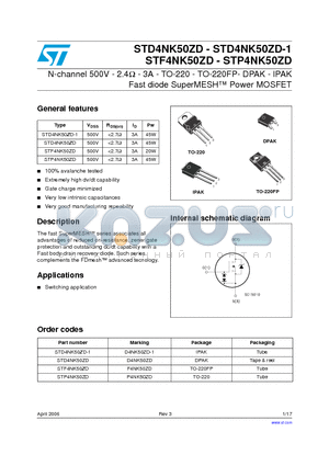 STD4NK50ZD-1 datasheet - N-channel 500V - 2.4Y - 3A - TO-220 - TO-220FP- DPAK - IPAK Fast diode SuperMESH Power MOSFET