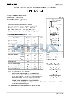 TPCA8024 datasheet - Lithium-Ion Battery Applications Notebook PC Applications Portable Equipment Applications