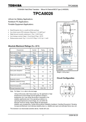 TPCA8026 datasheet - Field Effect Transistor Silicon N-Channel MOS Type (U-MOS)