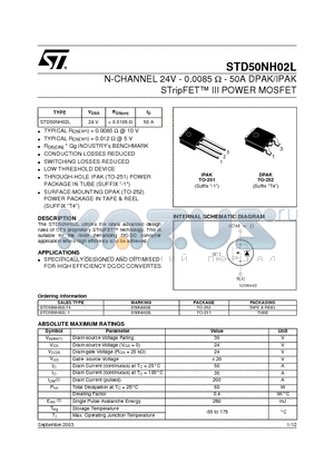 STD50NH02L datasheet - N-CHANNEL 24V - 0.0085 ohm - 50A DPAK/IPAK STripFET III POWER MOSFET