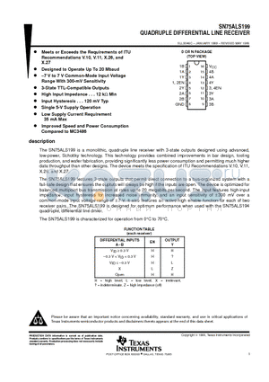 SN75ALS199D datasheet - QUADRUPLE DIFFERENTIAL LINE RECEIVER