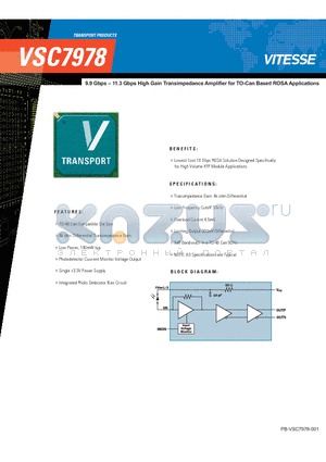 VSC7978 datasheet - 9.9 Gbps - 11.3 Gbps High Gain Transimpedance Amplifier for TO-Can Based ROSA Applications