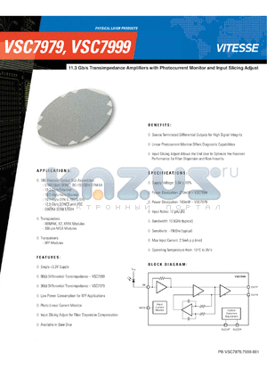 VSC7979 datasheet - 11.3 Gb/s Transimpedance Amplifiers with Photocurrent Monitor and Input Slicing Adjust