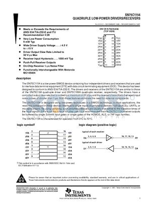 SN75C1154 datasheet - QUADRUPLE LOW-POWER DRIVERS/RECEIVERS