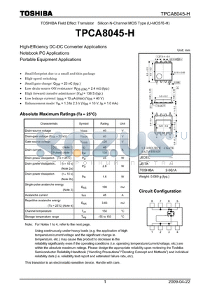 TPCA8045-H datasheet - High-Effciency DC-DC Converter Applications Notebook PC Applications Portable Equipment Applications