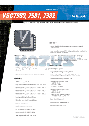 VSC7980 datasheet - Up to 11.3 Gb/s 3.3V: VCSEL, DML, EML Laser/Modulator Driver Family