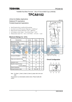 TPCA8102 datasheet - TOSHIBA Field Effect Transistor Silicon P Channel MOS Type (U-MOSIII)
