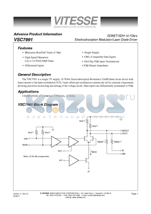 VSC7991 datasheet - SONET/SDH 10.7Gb/s Electroabsorption Modulator/Laser Diode Driver