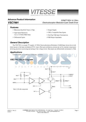 VSC7991CD datasheet - SONET/SDH 10.7Gb/s Electroabsorption Modulator/Laser Diode Driver