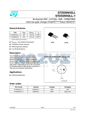 STD55NH2LLT4 datasheet - N-channel 24V - 0.010ohm - 40A - DPAK/IPAK Ultra low gate charge STripFET TM Power MOSFET