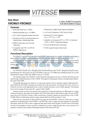 VSC8022FI datasheet - 2.5Gb/s SONET-Compatible 8-Bit MUX/DEMUX Chipset