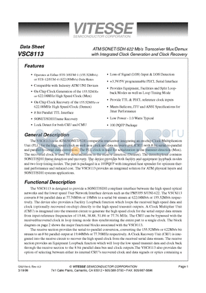 VSC8113QB2 datasheet - ATM/SONET/SDH 622 Mb/s Transceiver Mux/Demux with Integrated Clock Generation and Clock Recovery