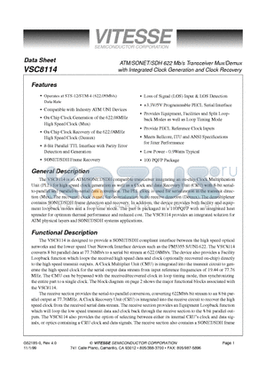 VSC8114 datasheet - ATM/SONET/SDH 622 Mb/s Transceiver Mux/Demux with Integrated Clock Generation and Clock Recovery