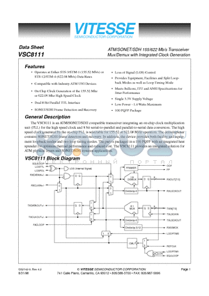 VSC8111 datasheet - ATM/SONET/SDH 155/622 Mb/s Transceiver Mux/Demux with Integrated Clock Generation