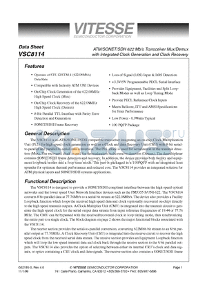 VSC8114QB datasheet - ATM/SONET/SDH 622 Mb/s Transceiver Mux/Demux with Integrated Clock Generation and Clock Recovery