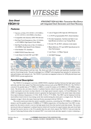 VSC8113 datasheet - ATM/SONET/SDH 622 Mb/s Transceiver Mux/Demux with Integrated Clock Generation and Clock Recovery