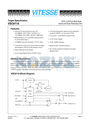 VSC8115YA1 datasheet - STS-12/STS-3 Multi Rate Clock and Data Recovery Unit
